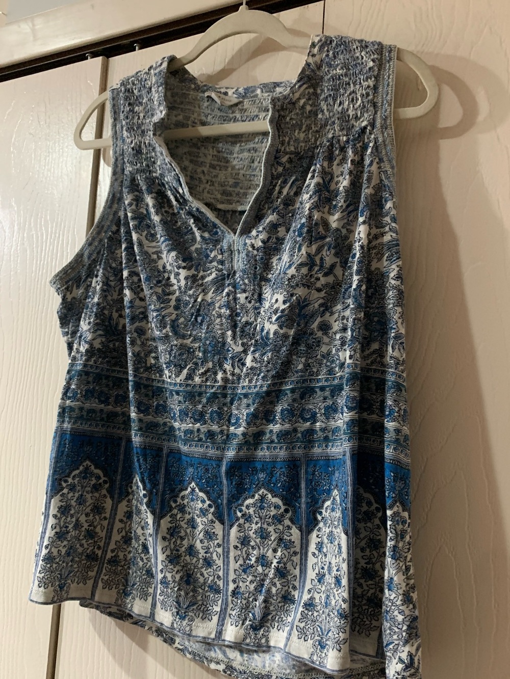 Lucky Brand Blue and White Printed Smocked Yoke Tank